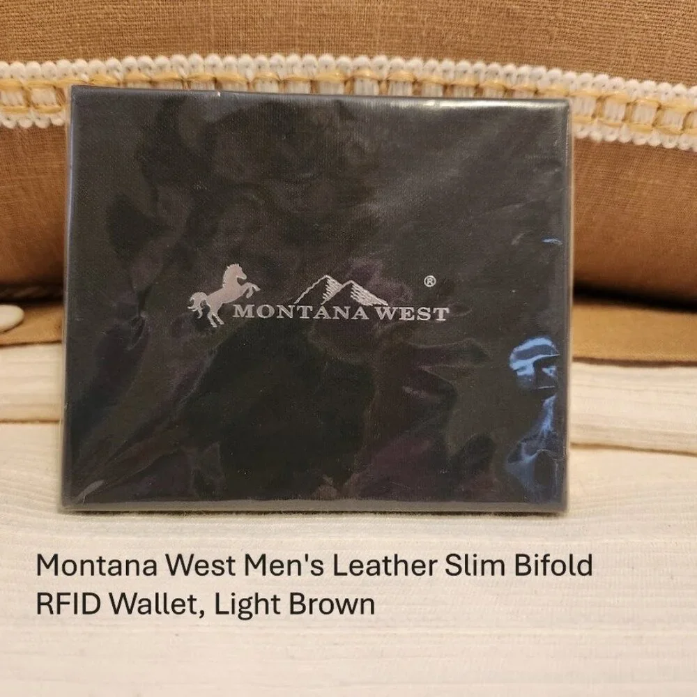NWT Montana West Men's Crazy Horse Leather Slim Bifold RFID Wallet, Lt. Brown